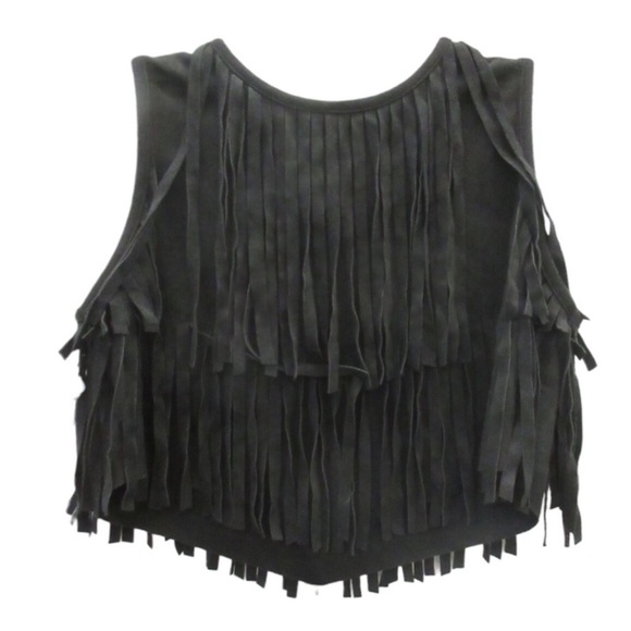 Wild Honey Black Faux Suede Fringe Cropped Sleeveless Tank Top and Short Set - Picture 6 of 16